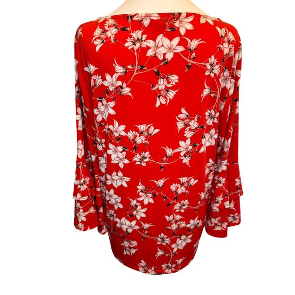 Calvin Klein Red floral print 3/4 bell sleeve ruffled  blouse size LARGE - Picture 9 of 10